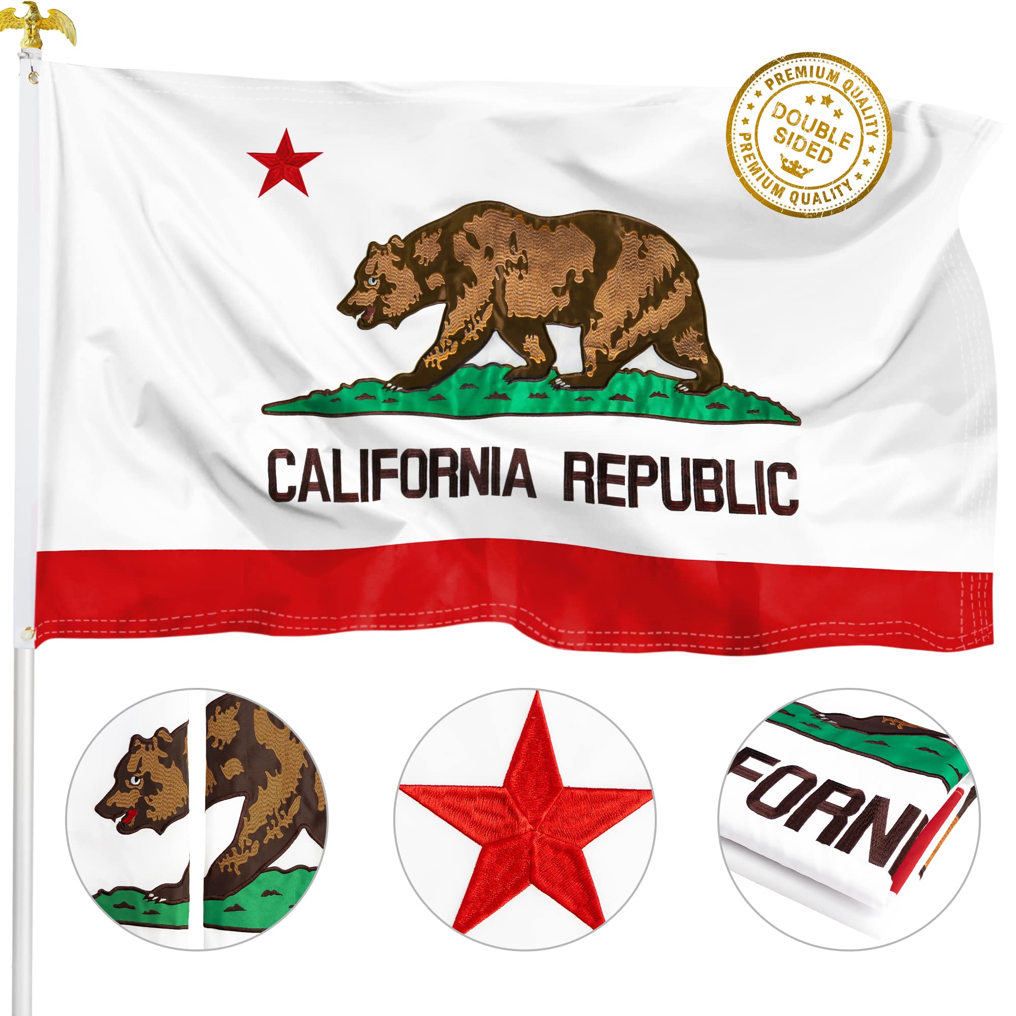 Photo 1 of XIFAN Premium California State Flag 3x5 - Double Sided Embroidered Heavy Duty 300D Nylon - CA Republic Bear Flag Outdoor - Vibrant Print Waterproof
