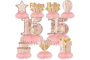 Turypaty Pink Rose Gold 15th Birthday Honeycomb Centerpieces Decorations for Girls, 9Pcs Rose Gold Happy 15th Birthday Table Centerpieces Party Supplies, Fifteen Year Old Birthday Table Toppers Decor