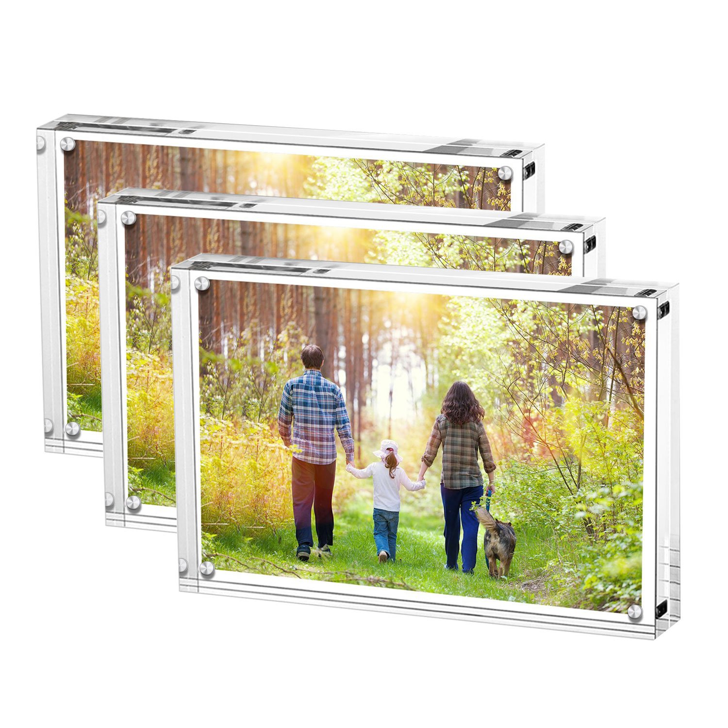 Boxalls Acrylic Photo Frame 15 x 20 cm (6 x 8 inch)-Set of 3, Double Sided Picture Frame with Magnetic, Clear Frameless Desktop Photo Block