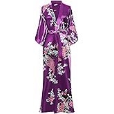 BABEYOND Women's Kimono Robe Long Satin Robes with Peacock and Blossoms Printed Kimono Nightgown