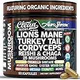 AuraShroom Mushroom Supplement Lions Mane Turkey Tail Cordyceps Reishi Shiitake Chaga Oyster Stress Relief Immune Support Nootropic Energy Portobello Mushrooms 60 Capsules by Clean Nutra