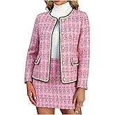 winkbay Women's 2 Piece Outfits Plaid Button Front Long Sleeve Tweed Jacket and Mini Skirt Elegant Set