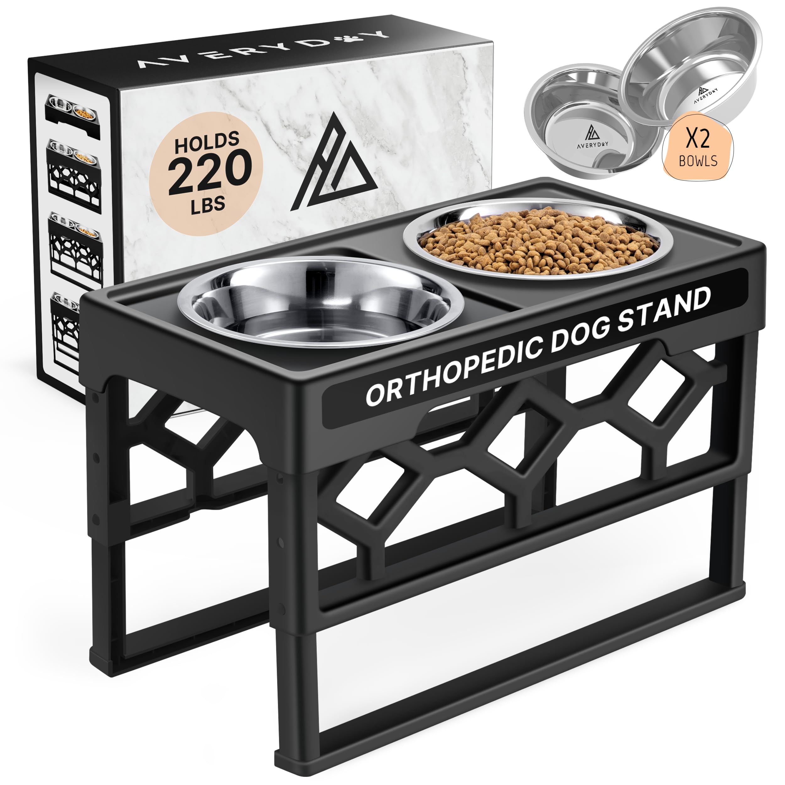 AVERYDAY Raised Dog Bowl - 4 Dog Bowl Stand Large With 4 Stainless Steel Dog Bowls Large, 1300ml each. Perfect Dog Bowls On Stands For Large Dogs - Elevated Dog Bowls For Senior Dogs