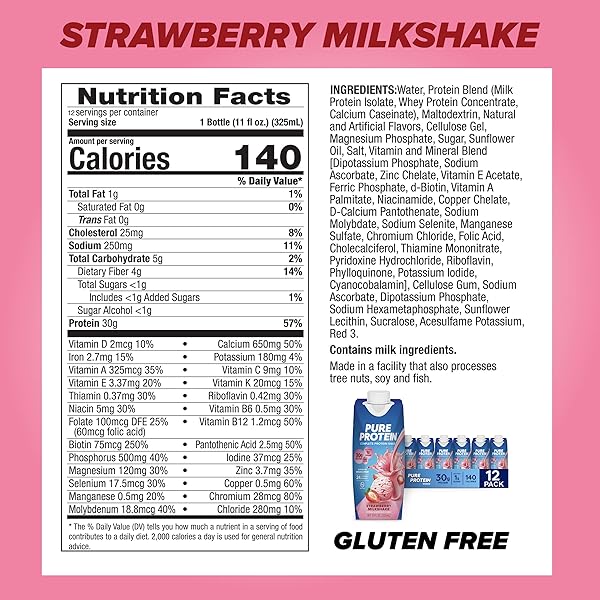 PURE PROTEIN STRAWBERRY PROTEIN SHAKE, 30G COMPLETE PROTEIN, READY TO DRINK AND KETO-FRIENDLY, VITAMINS A, C, D, AND E PLUS ZINC TO SUPPORT IMMUNE HEALTH, 11OZ BOTTLES, 12 PACK