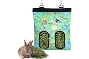 LENPESTIA Rabbit Hay Feeder Bag Guinea Pigs Hanging Hay Rack Manger Holder Dispenser Small Animal Feeder Storage Pouch for Bunny Chinchilla Hamster (Pattern Green, 2 Windows)