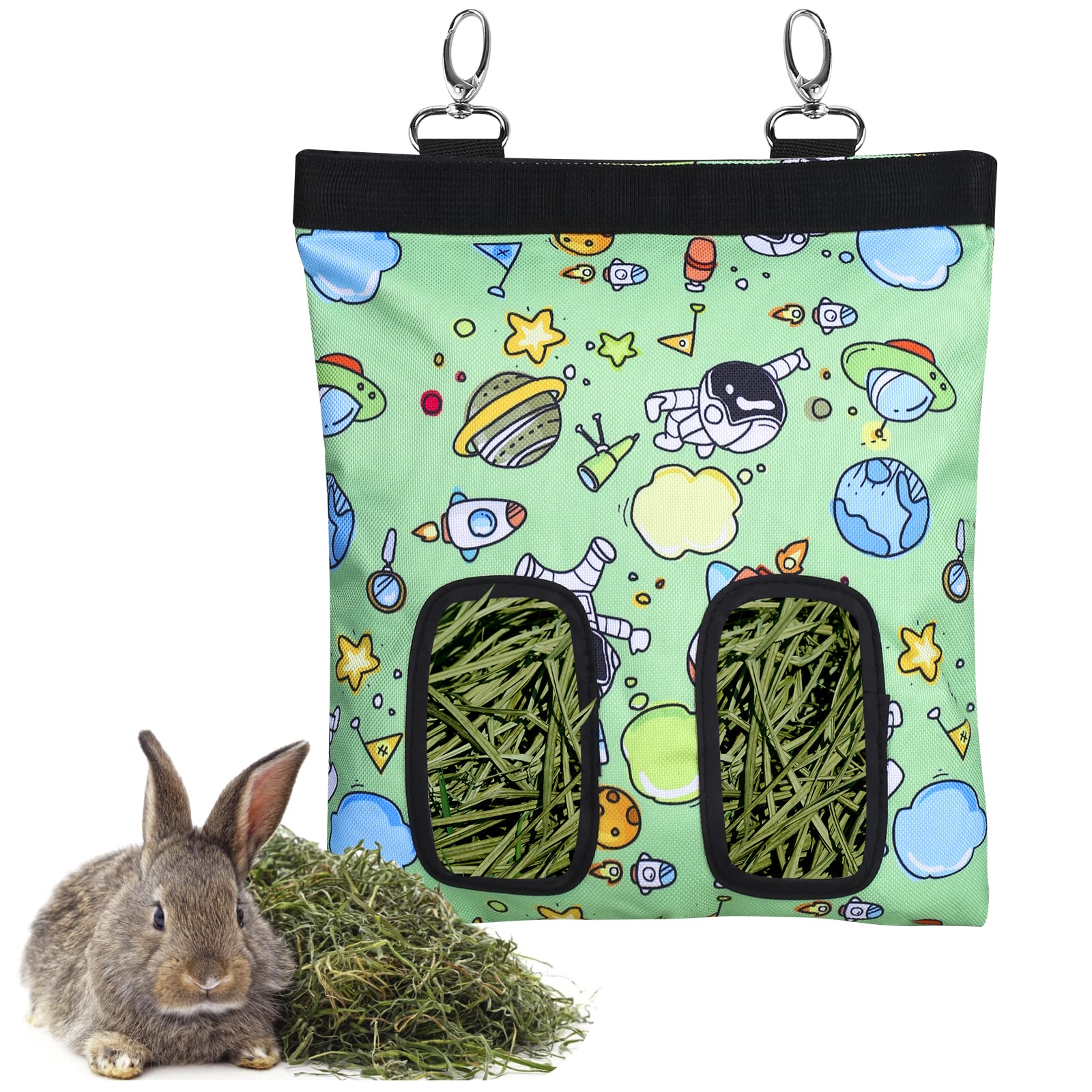 Rabbit Hay Feeder Bag Guinea Pigs Hanging Hay Rack Manger Holder Dispenser Small Animal Feeder Storage Pouch for Bunny Chinchilla Hamster (2 Windows, Pattern Green)