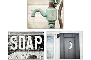 LISA RUSSO FINE ART - Rustic Bathroom Wall Art Set of 3 SMALL 5x7” Prints - Unframed - Country Farmhouse Bath Decor - Teal, Blue, Black - Soap, Outhouse Moon, Water Pump