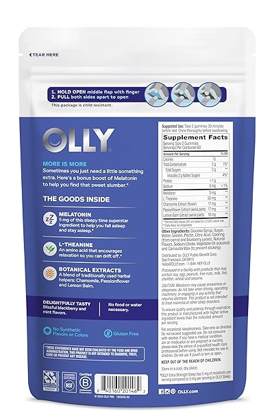 OLLY EXTRA STRENGTH SLEEP GUMMY, OCCASIONAL SLEEP SUPPORT SUPPLEMENT*, 5 MG MELATONIN, L-THEANINE, BLACKBERRY ZEN FLAVOR, 60 DAY SUPPLY – 120 COUNT (PACKAGING MAY VARY)