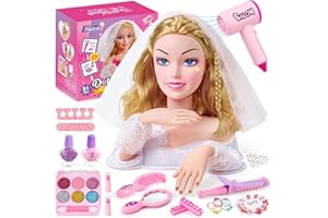 Toylink Doll Head for Hair Styling Kids Makeup Set, Blonde Bride Beauty Stylist Pretend Play Toy With Bridal Veil/ Hairdryer/ Curling Iron, Hair Salon Toy Birthday Gift For Girl 3 4 5 6 7 8+ Years Old