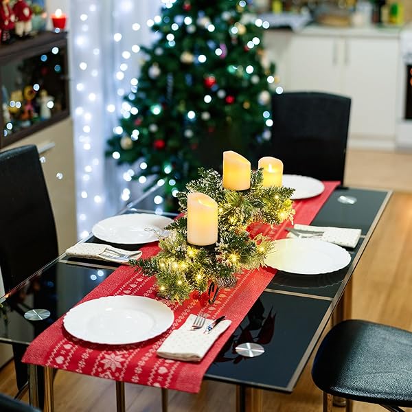 4 PCS CHRISTMAS TABLE CENTERPIECE DECORATION WITH 3 CHRISTMAS CANDLE HOLDERS LED FAIRY LIGHTS STRING LIGHTS BATTERY OPERATED ARTIFICIAL RED BERRIES PINE CONES FOR KITCHEN INDOOR HOME (BRIGHT STYLE)