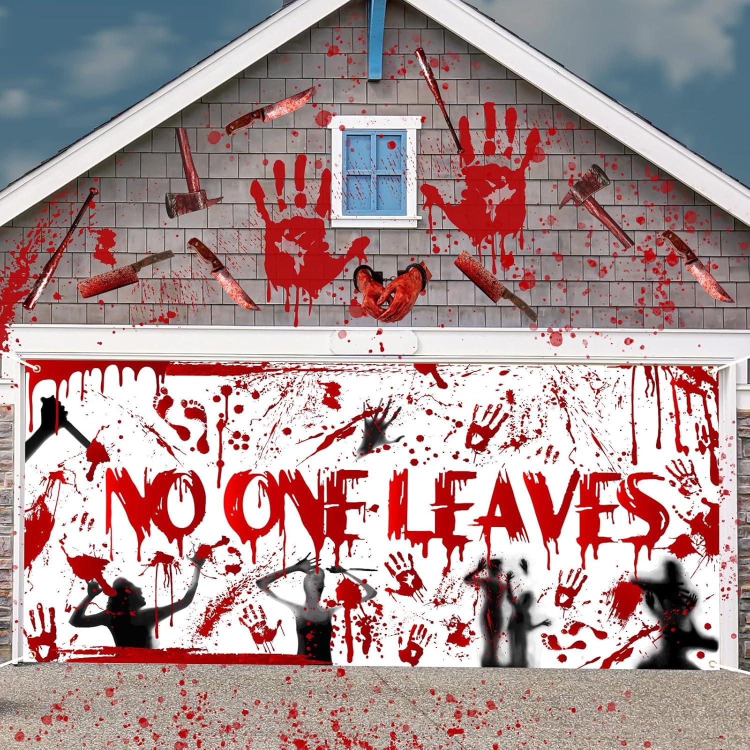 Garage Door Decorations - Preboun Halloween Garage Door Banner Cover with Grommets 6 x 13 ft Halloween Decorations Set Scary Halloween Decorations Bloody Creepy Garage Door Decorations