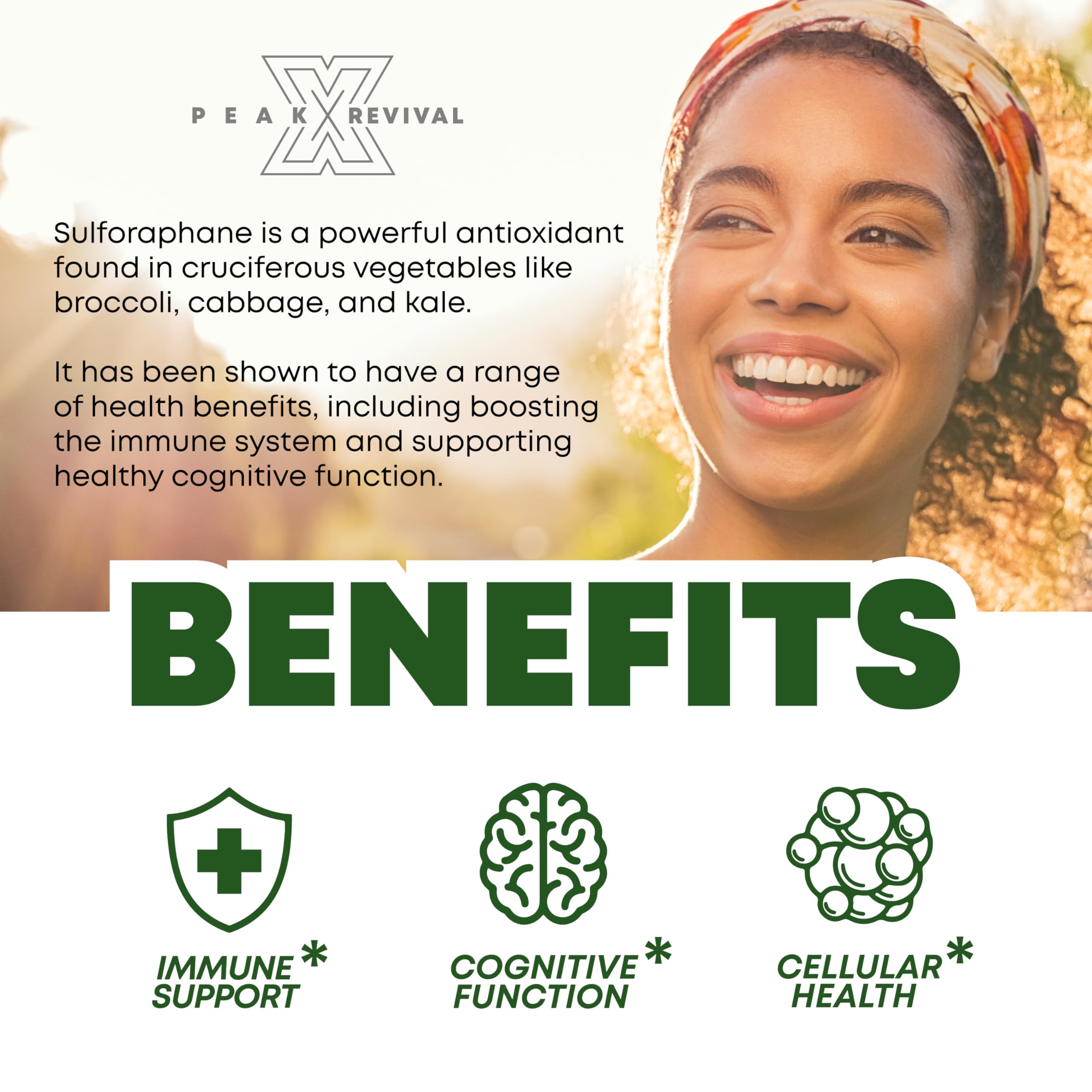 Peak Revival-X 5000mcg of Real Lab-Verified Sulforaphane Supplement - Broccoli Seed Extract 50mg Supplements - Promotes Cognitive Function, Liver & Cellular Support - 60 Vegan Capsules/Pills