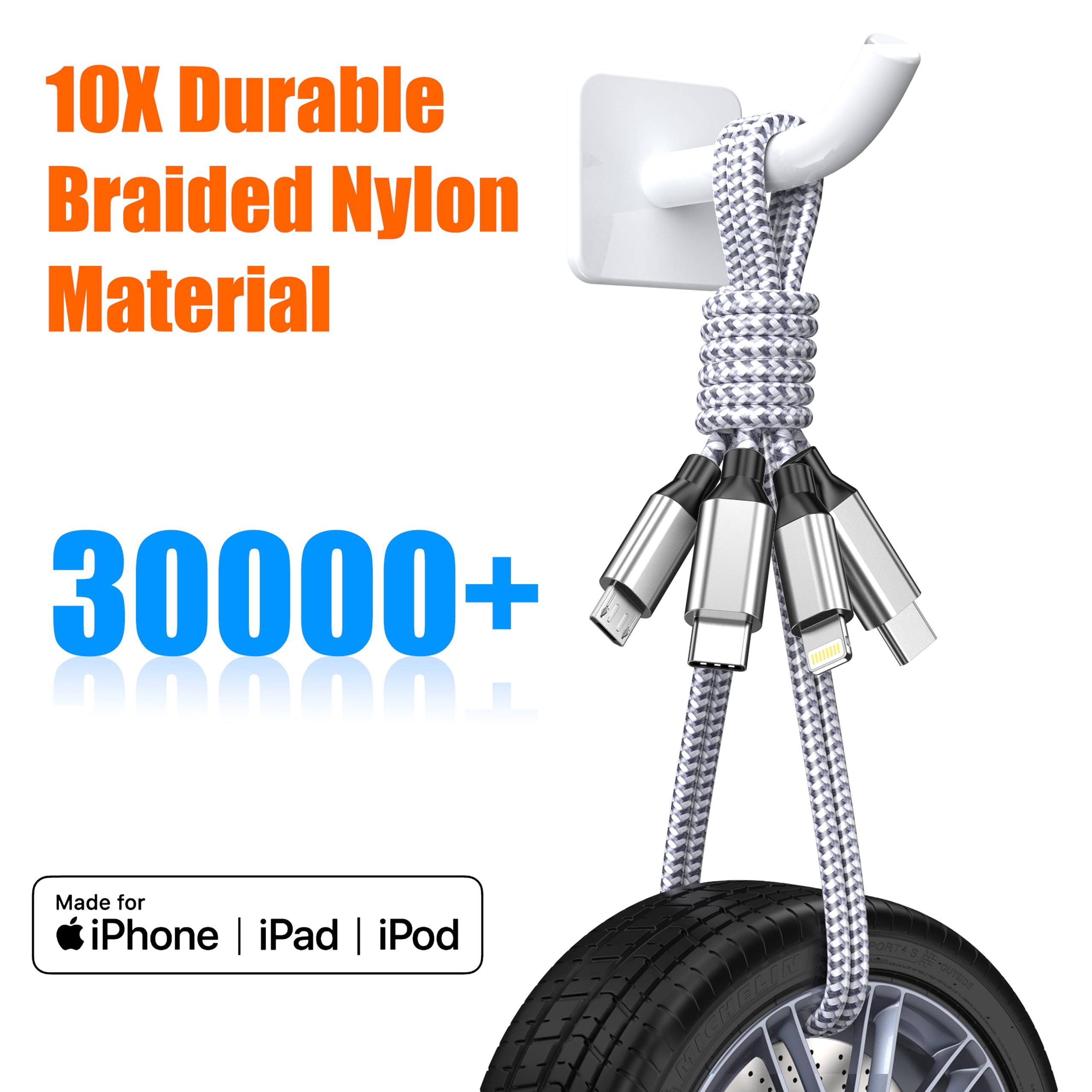Multi Charging Cable 4ft 3Pack Usb Charger 3 in 1, C Port Multi iPhone Charger Cable Nylon Braided Apple MFi Certified Fast Charging Cord with Type-C/Usb C Micro Lightning for Phone iPad iPhone Tablet