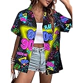 80s 90s Hawaiian Disco Shirt Retro Themed Party Neon Outfits 80s 90s Style Button Down Blouse Tops
