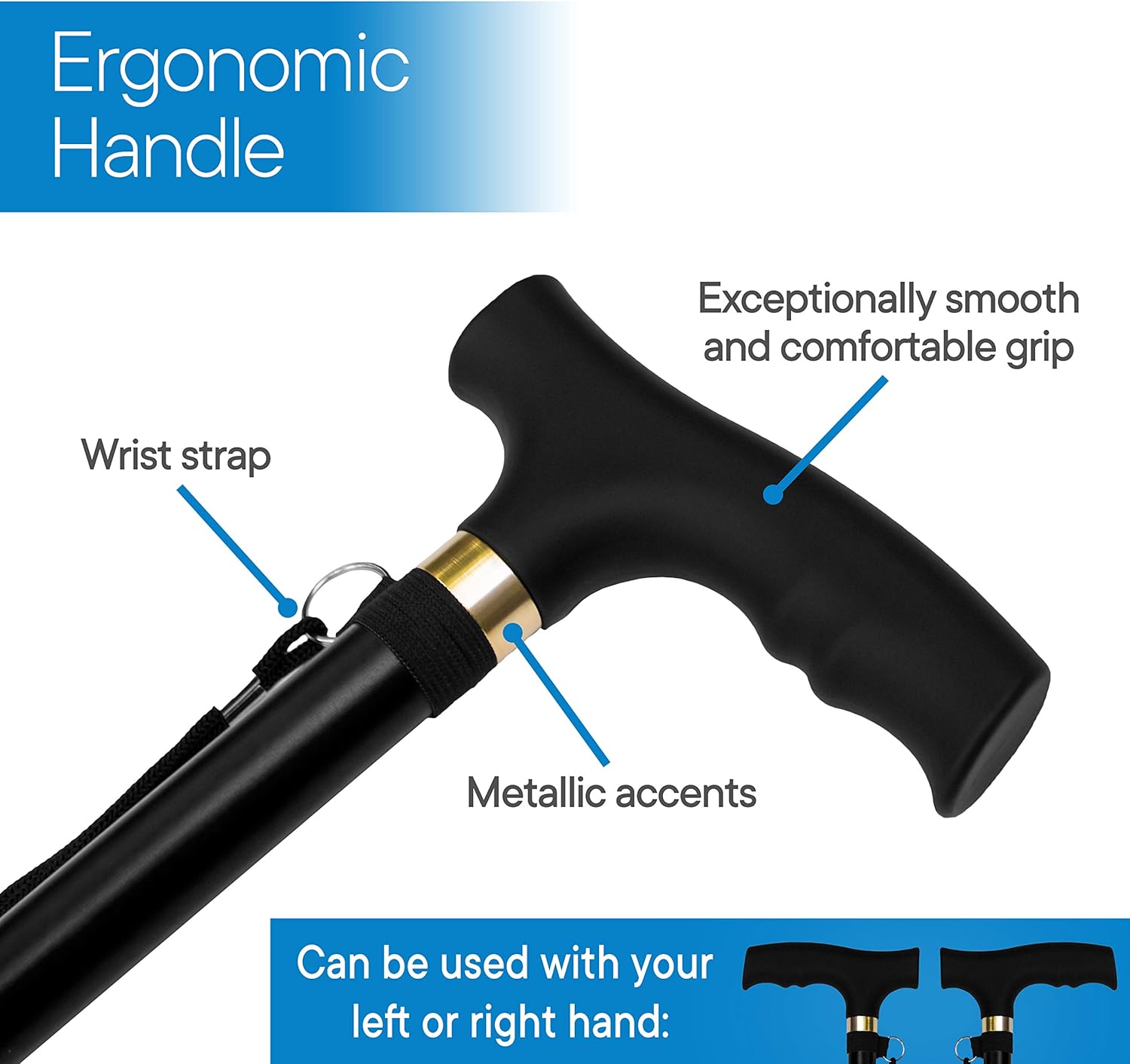 RMS Folding Cane - Foldable, Adjustable, Lightweight Aluminum Offset Walking Cane - Collapsible Walking Stick with Ergonomic Derby Handle - Ideal Daily Living Aid for Limited Mobility (Black): Health & Personal Care