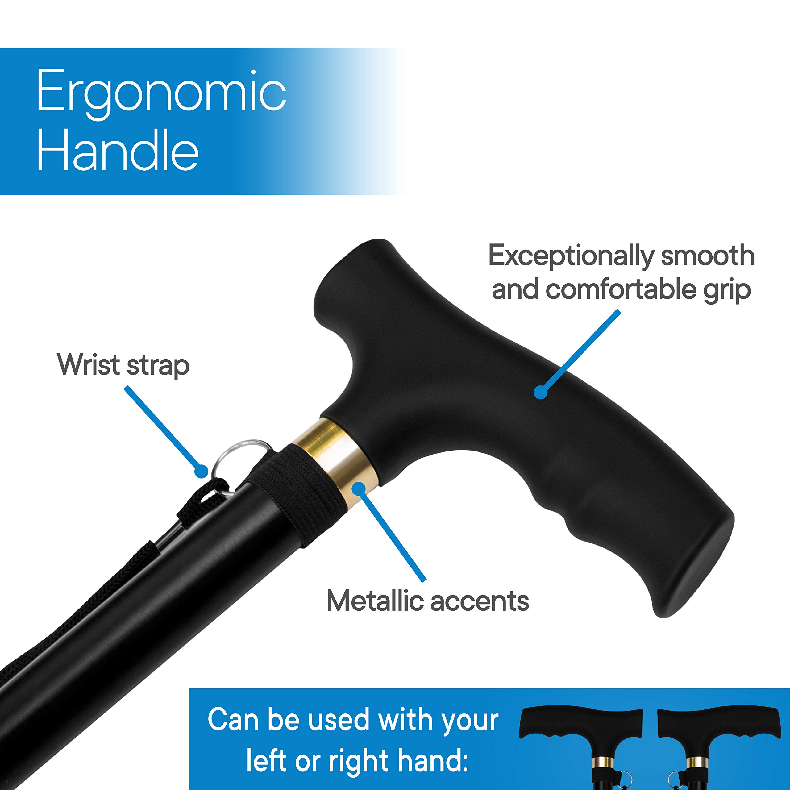 RMS Folding Cane - Foldable Walking Cane with Adjustable Height - Collapsible and Lightweight - Soft Ergonomic Handle for Comfortable Grip - Portable Walking Stick for Mobility Aid