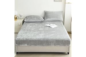YIYEA Fleece Fitted Sheet Only, Ultra Soft Fluffy Plush Velvet Deep Pocket Fitted Bottom Sheet for Fall Winter, Cozy Warmth and No Shedding, Light Gray, Queen