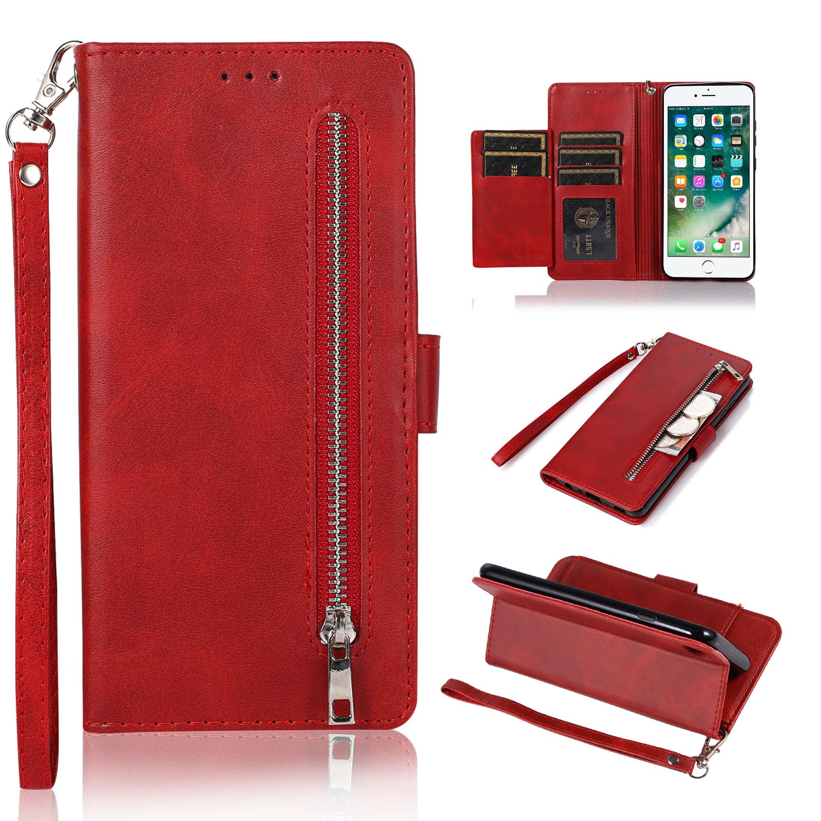 EYZUTAK iPhone 6/6S Wallet Case, 5 Card Slots Magnetic Closure, PU Leather Flip Case With TPU Hand Strap, Kickstand - Red