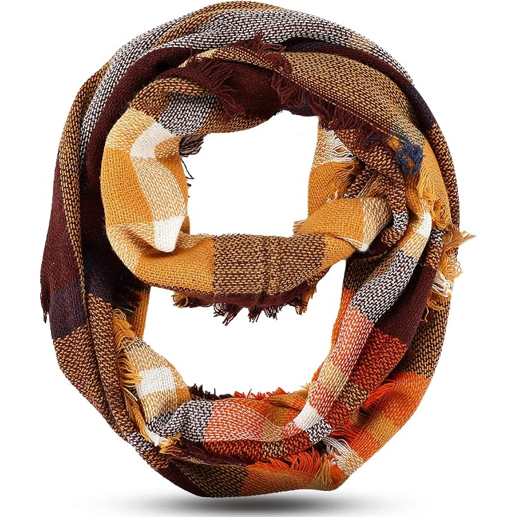 Soft Boucle Plaid Check Infinity Loop Scarf For Women, Long Fringe Cowl & Neck Warmer