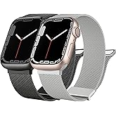 [2 PACK] Metal Stainless Steel Bands Compatible with Apple Watch Bands Series 8 7 6 5 4 3 2 1 SE 41mm 40mm 38mm, Mesh Loop Magnetic Milanese Strap for iWatch Bands (Silver & Black)