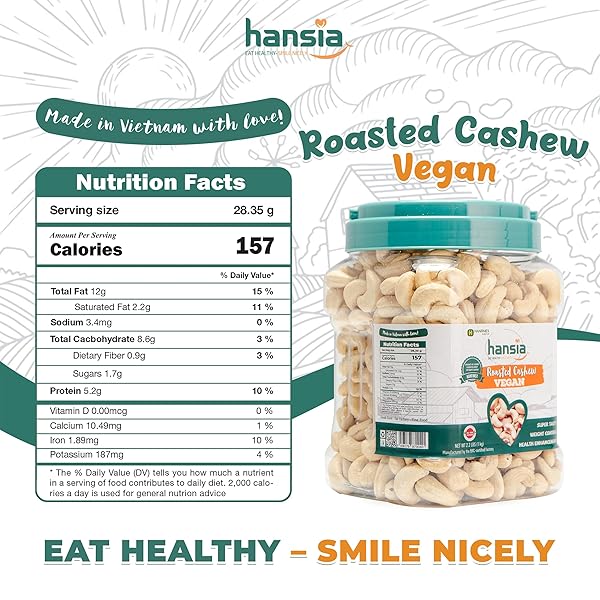 HANSIA ROASTED CASHEW VEGAN, DRY ROASTED UNSALTED SUPERFOOD, FRESH, HEALTHY, LOW SODIUM SNACKS, RICH OF PROTEIN & NATURAL FIBER, PROTEIN, VITAMIN AND IRON |GIFT GIVING (ROASTED CASHEW, 2.2 POUNDS (PACK OF 1))