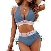 Blooming Jelly Womens High Waisted Bikini Sets Tummy Control Bathing Suit Two Piece Color Block Swimsuits (XXL, Haze Blue)