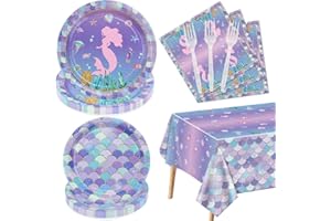 XJLANTTE Mermaid Tableware Set - 81pcs, Ocean Theme Tablecloth, Plates & Napkins for Little Mermaid Party, Serves 20
