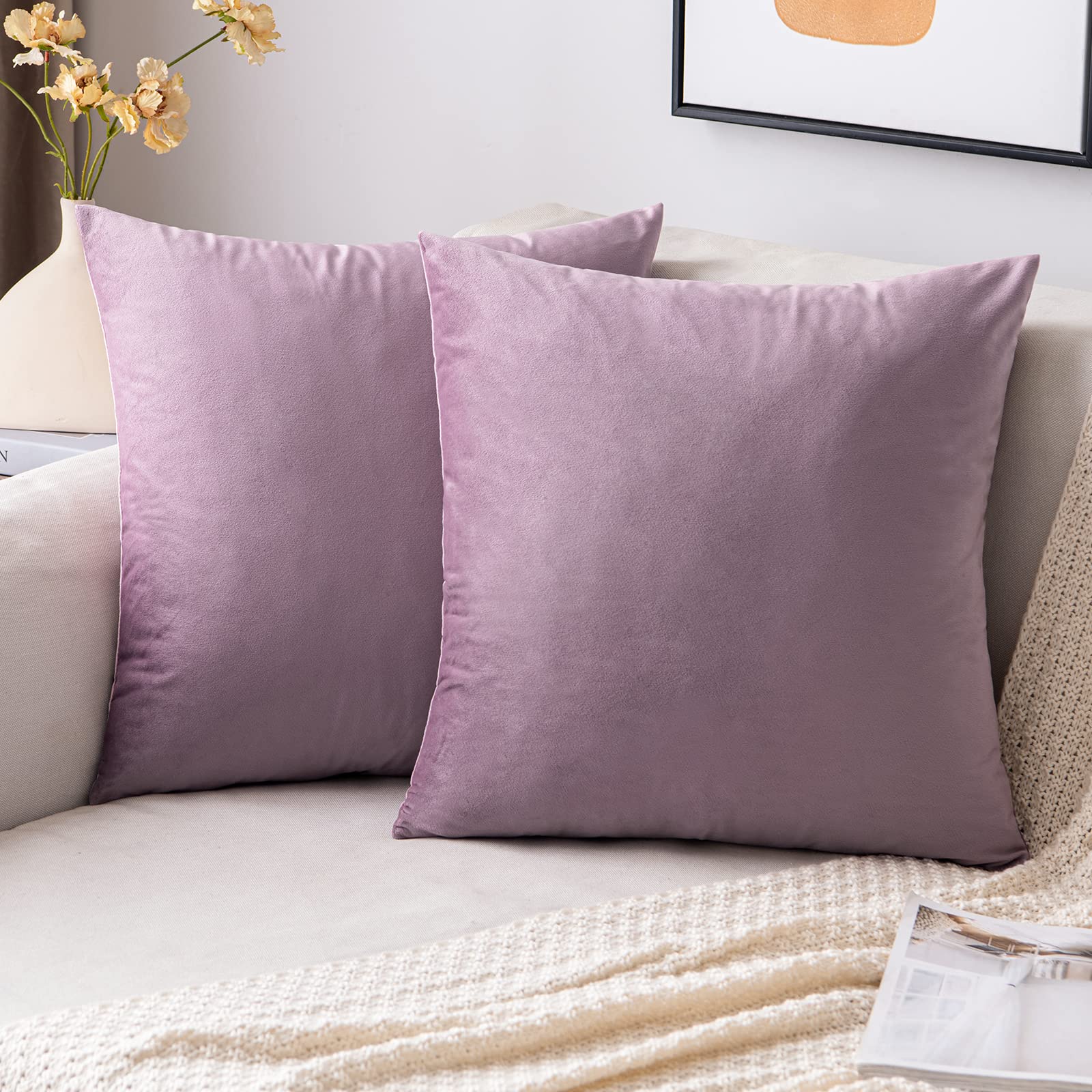 EMEMA Velvet Cushion Covers Lilac Decorative Throw Pillow Case 12x20 Inch 50x50 cm Pillow Covers for Livingroom Sofa Bedroom Pack of 2