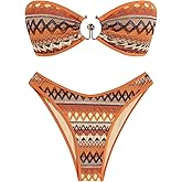 ZAFUL Crochet Bikini Sets for Women O Ring Colorblock Bandeau Bathing Suits Sexy High Cut Thong 2 Piece Swimwear
