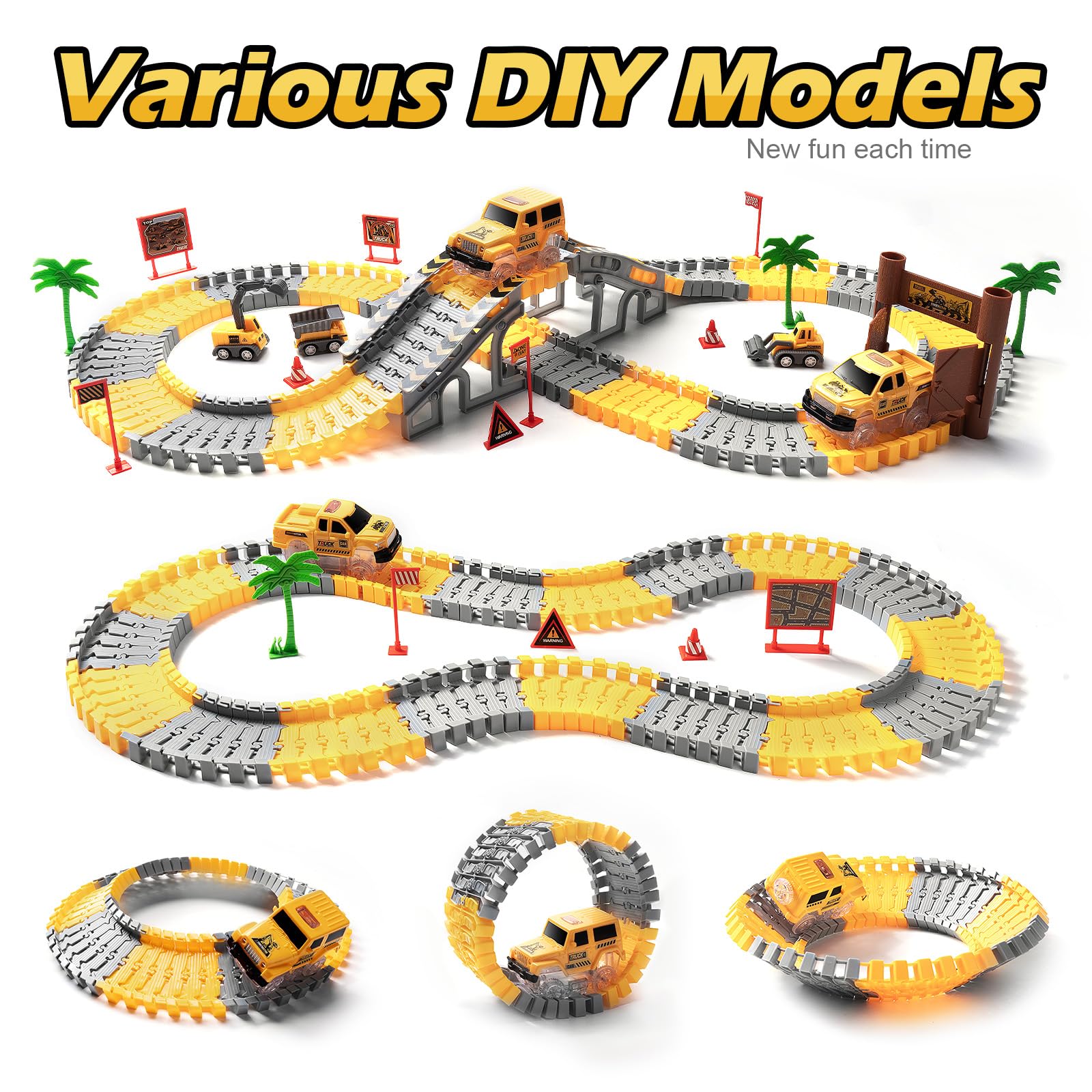 264 PCS Construction Race Tracks for Kids Toys, Glow in The Dark Magic Toy Set, 2 Light Up Cars Track, 3 Construction Cars, Flexible DIY Track Set, Birthday Gift for Age 3-9 Boys Toddler Girls