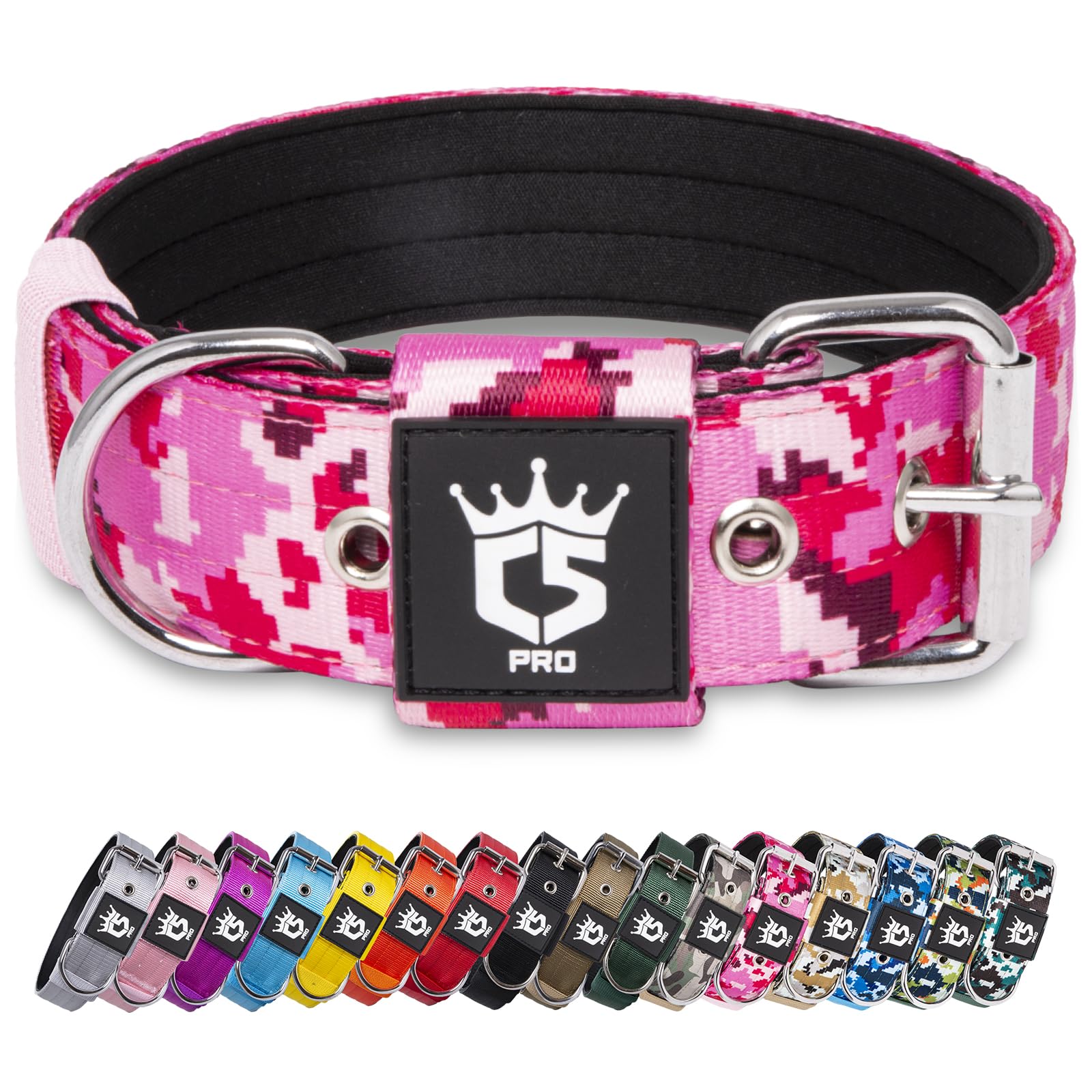 TSPRO Heavy Duty Tactical Dog Collar 1.5" Wide, Padded Dog Collar with Metal Buckle, Adjustable for Walking Training Outdoor for Medium Large Dogs (Camo Pink, M) — image 1
