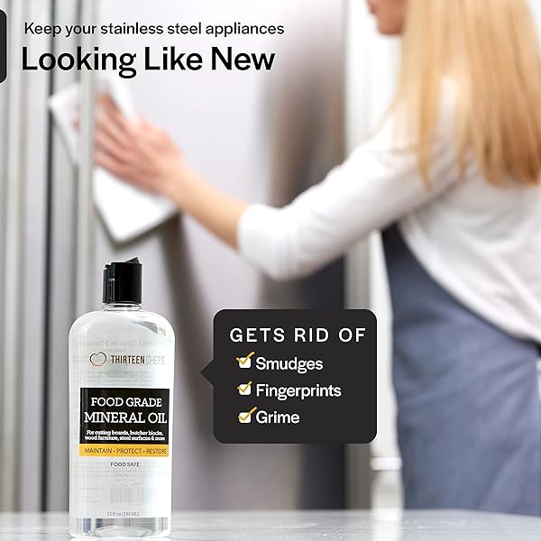 THIRTEEN CHEFS MINERAL OIL – 12OZ FOOD GRADE CONDITIONER FOR WOOD CUTTING BOARD, COUNTERTOP & BUTCHER BLOCK, LUBRICANT FOR KNIFE OR MEAT GRINDER – SAFE USP FINISH ON MARBLE, SOAPSTONE