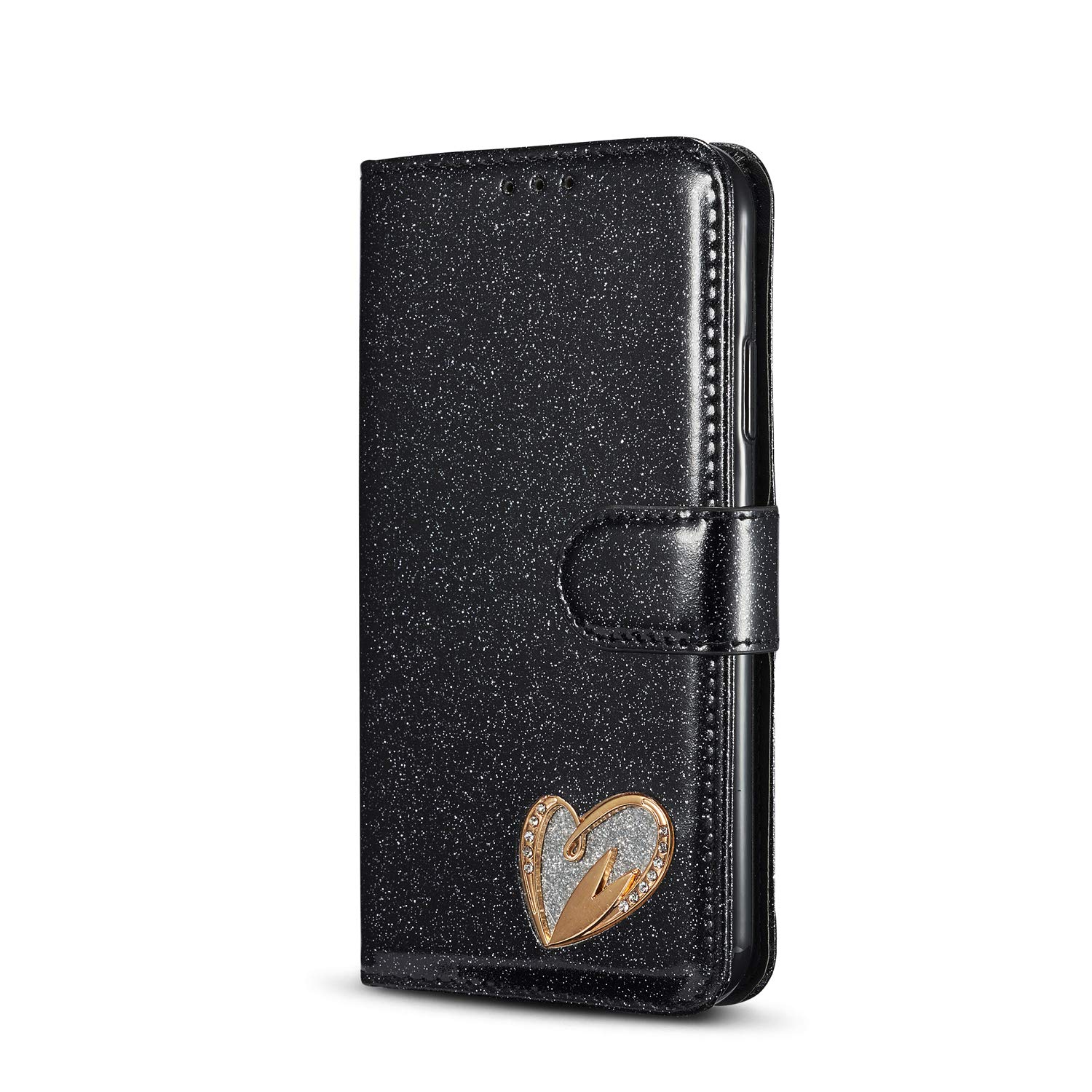 Mo-Somnus For iPhone 11 Pro (5.8 Inches) Case [Free Tempered Glass Screen Protector], Bling Glitter Sparkly [Loving Heart Diamond] Design Wallet PU Leather Flip Case Cover For iPhone 11 Pro (Black)