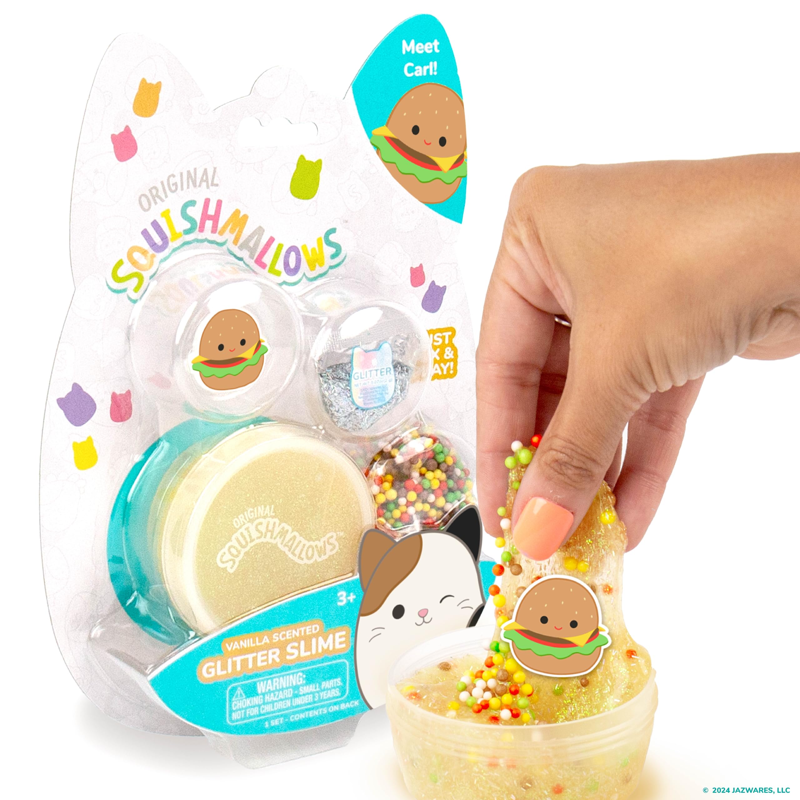 Original Squishmallows Glitter Slime, Mini Squishmallows Carl The Burger Charm, Vanilla-Scented Slime, 3 Slime Add-Ins, Pre-Made Slime for Kids, Great 6 Year Old Toys, Super Soft Sludge Toy