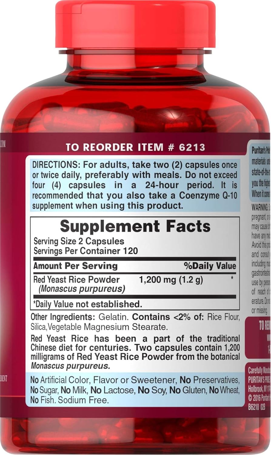 Puritans Pride Red Yeast Rice 600 mg Capsules, 240 Count: Health & Personal Care