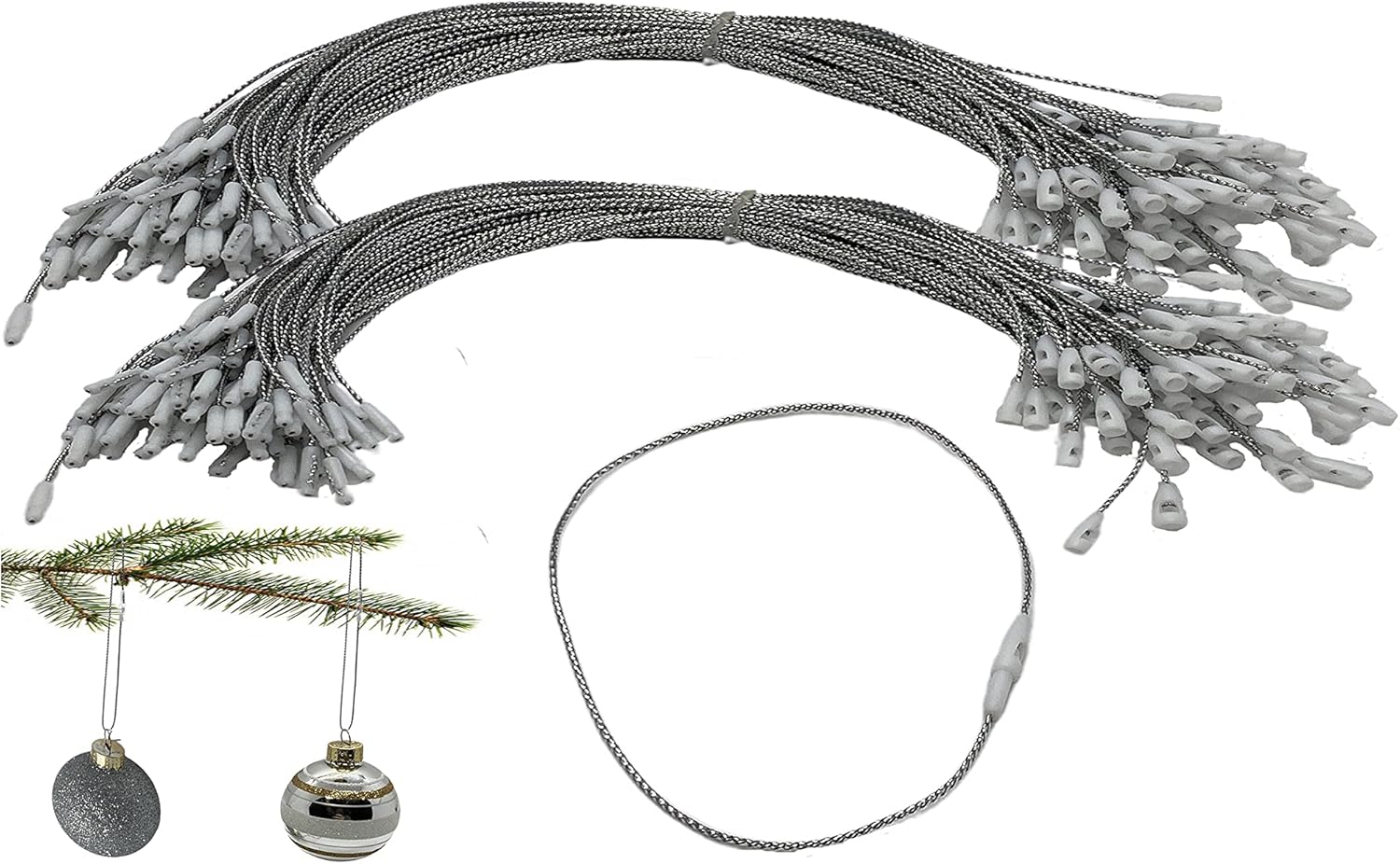 Ornament Hooks - 200 Pack Silver Christmas Ornament Precut String Hangers with Snap Fastener (Nomad Brand)
