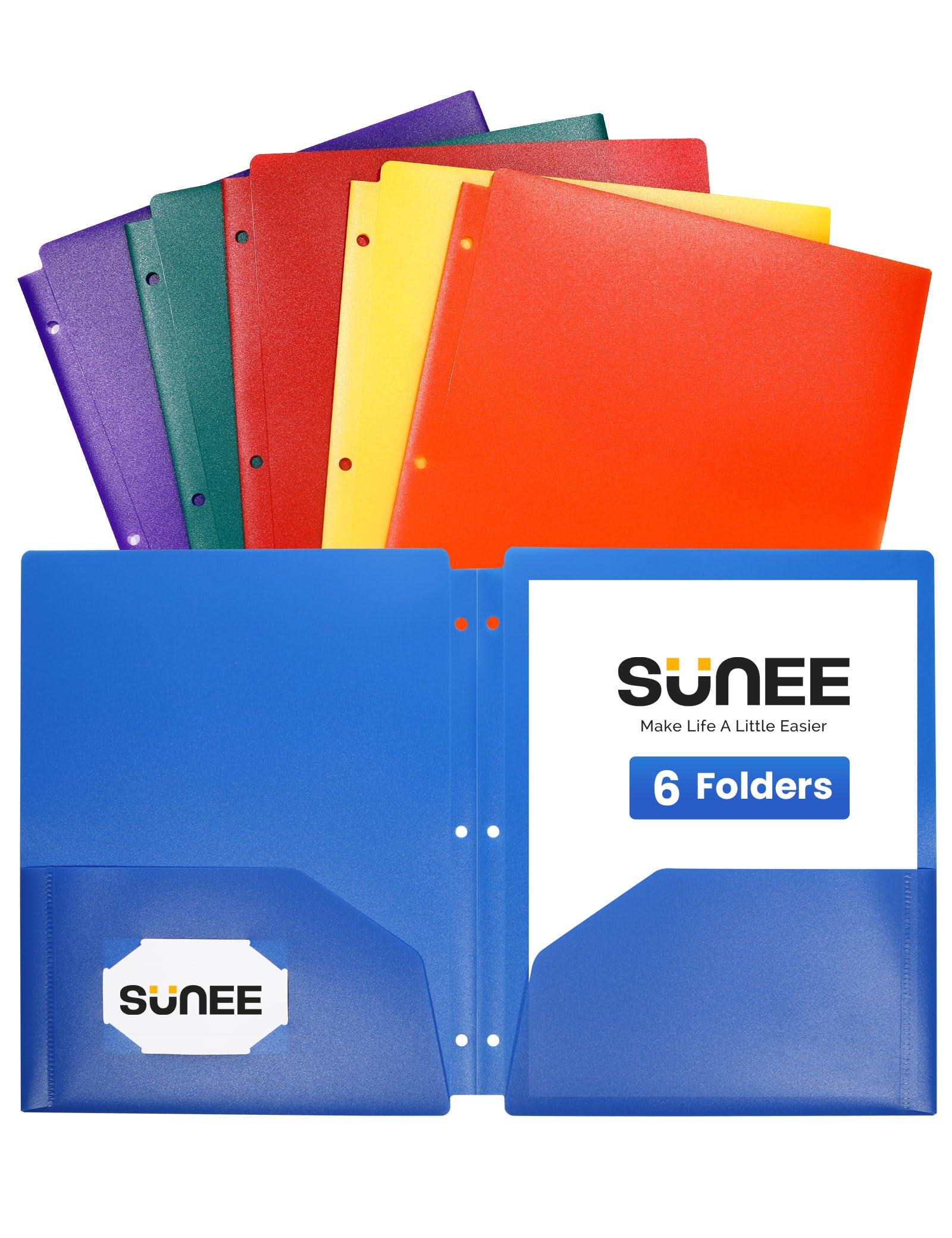 Photo 1 of SUNEE 3 Hole Folders with Pockets (6 Pack, Assorted Color) Plastic Folders for 3 Ring Binder, Heavy Duty Binder Folder for Document for School, Students, Teachers, Office Staff