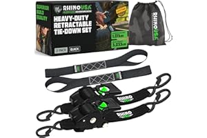 Rhino USA Retractable Ratchet Straps (2-Pack) - 2 Inch x 10 Feet (3,033lb Break Strength) - Heavy Duty Auto Self Retracting Tie Down Straps for Truck, Cargo Trailer, Motorcycle, Rad & More - Black