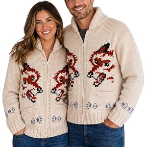 Wolf Fox Cardigan Sweater for Men Women, Canadian Style Jacquard Knit Zip Up Sweater