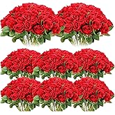 Hotop 80 Pcs Rose Artificial Flowers Bulk with Long Stem, Silk Roses Realistic Fake Flowers Bouquet for Wedding Table Centerpieces Bridal Shower Party Home Decorations(Red)