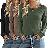 Yearntown 3 Pack Women's Waffle Knit Long Sleeve Shirts, Crew Neck Slim Fit Thermal Tops Casual Stretch Basic Pullover