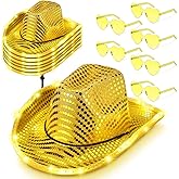 Zhanmai 6 Set LED Cowboy Hat Light Up Glitter Cowboy Hat with Sunglasses Sequin Space Cowgirl Hat for Women Men Costume