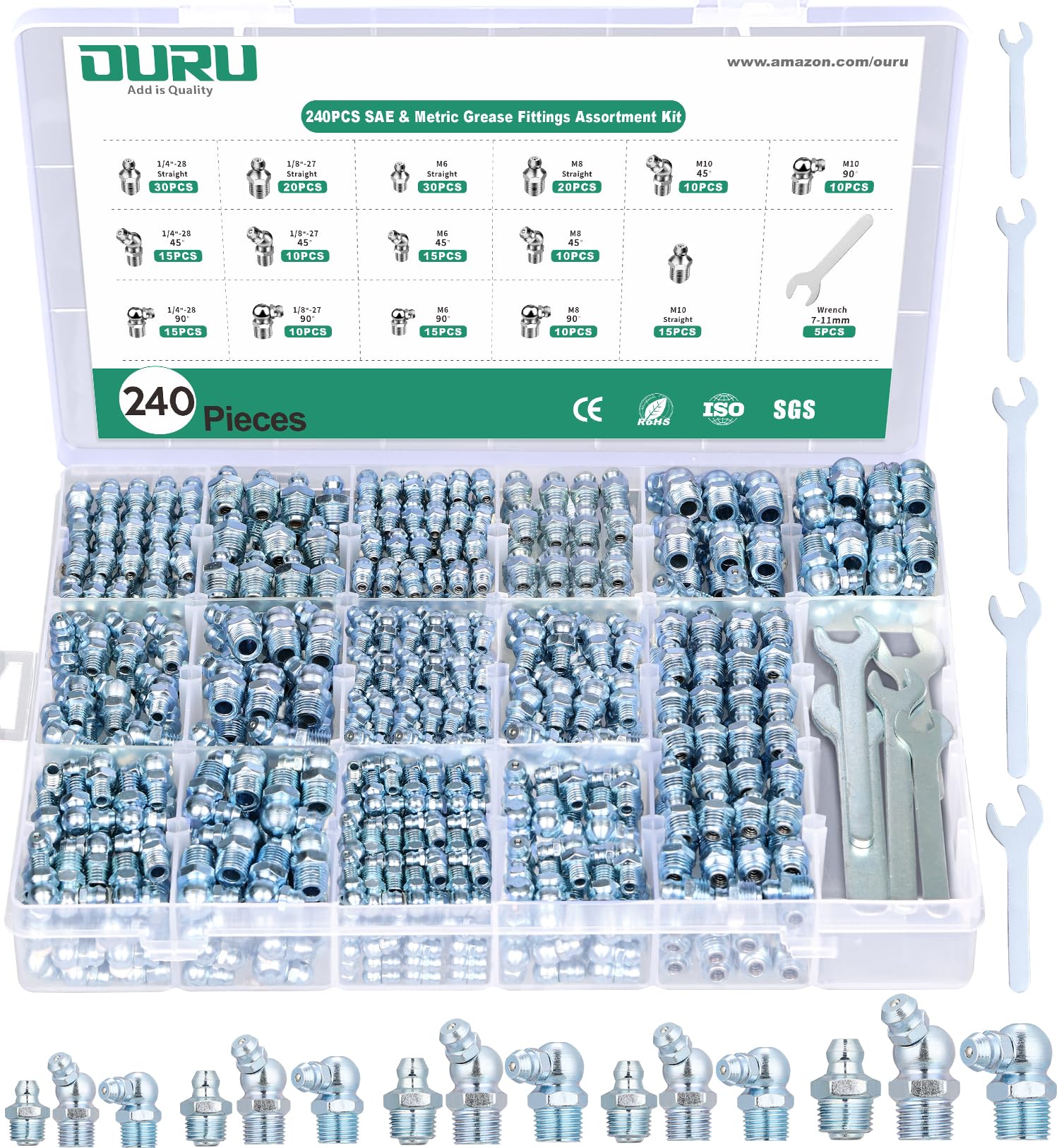 Photo 1 of OURU Grease Fittings Assortment, 240PCS SAE & Metric Zerk Grease Fittings NPT 1/4" 1/8" M6 M8 M10, Straight 45 90 Degree Grease Nipple with Wrench Kit(7-11mm) for Grease Gun
