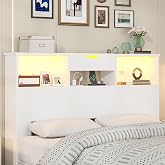 Semoic Headboard for Queen Size Bed with Storage Shelf and Drawers, Wood Deep Bookcase Headboards with Charging Station &amp; LED Lights, Morden White Headboard with 2 Tier Storage, White