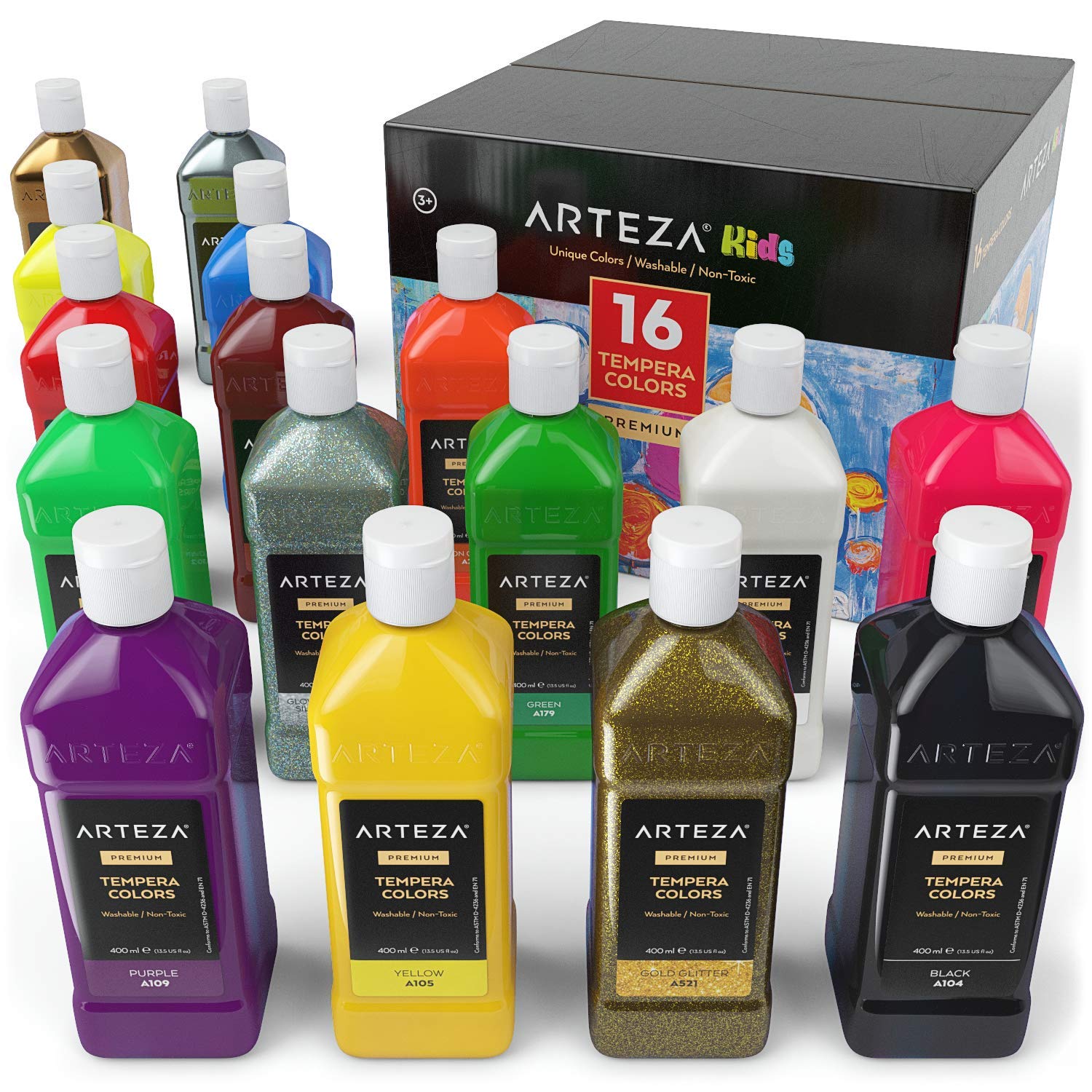 Arteza Premium Kinder Temperafarbe 400 ml, 16 Kräftige, Deckende Fingerfarben Neon, Metallic