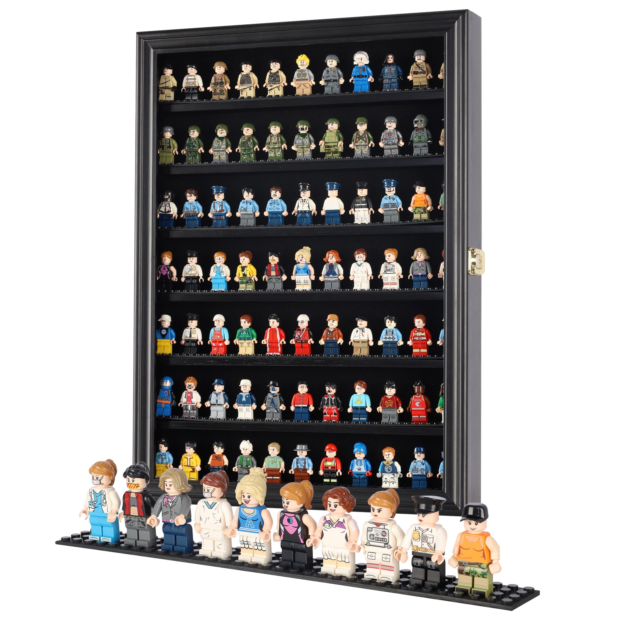 Minifigure Display Case - Building Block Toy Wall Cabinet Showcase for Small Miniature Collectibles Mini Brands Thimbles, Lockable UV Protection Door (Black Finish Frame)