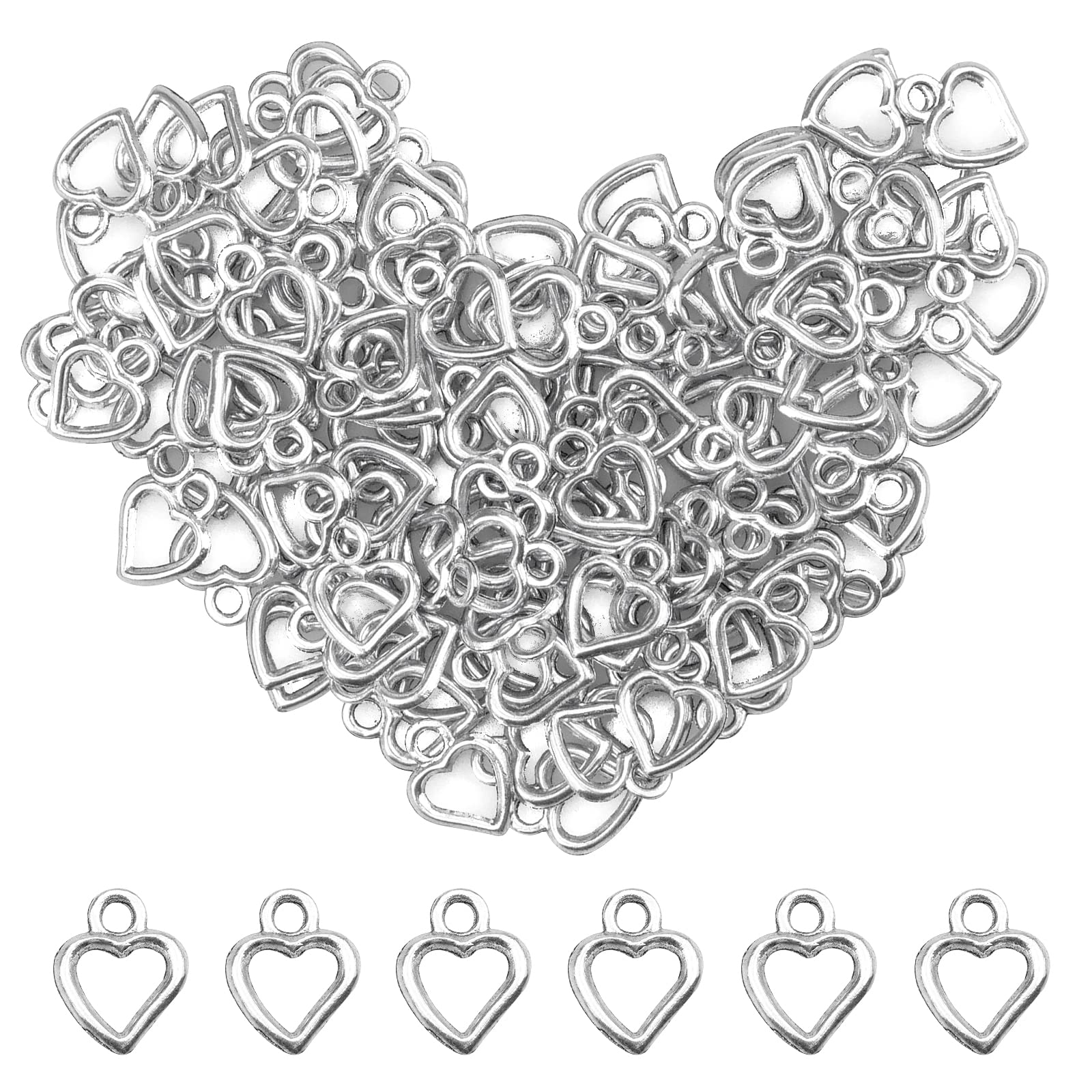 oupados Pack of 120 Heart Charms for Jewellery Making 10x10mm Heart Shaped Metal Pendants Dangle Charms for DIY Bracelets Necklace Supplies Silver(Hole: 3mm)