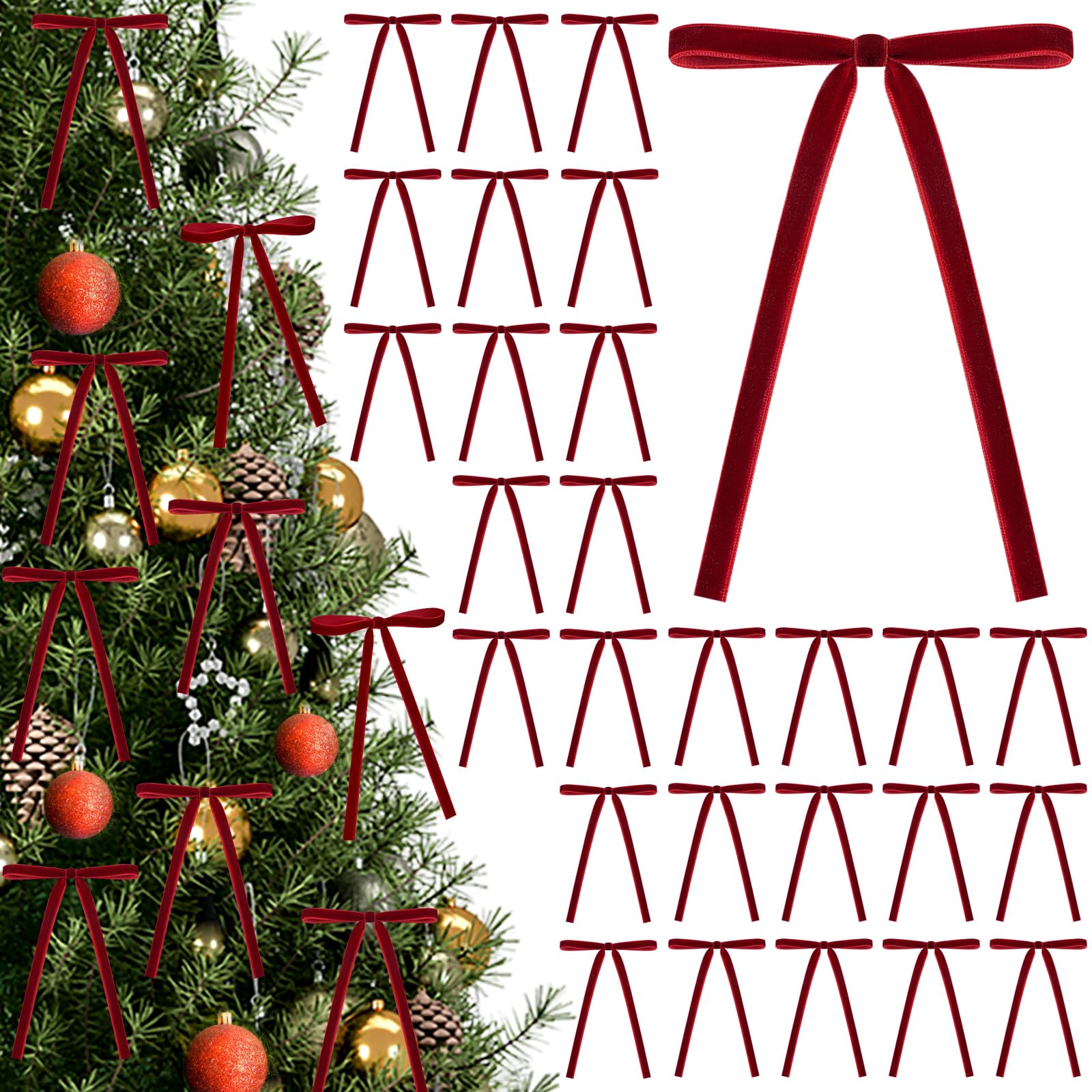 Photo 1 of  red Velvet Bows Christmas Tree Decorations, Pre-Tied Vintage Ribbon Bows for Garland Wreath Indoor? Holiday Home Decor? Fireplace Decor? Xmas Decorations?3/8" Wide?5 * 7 Inch?