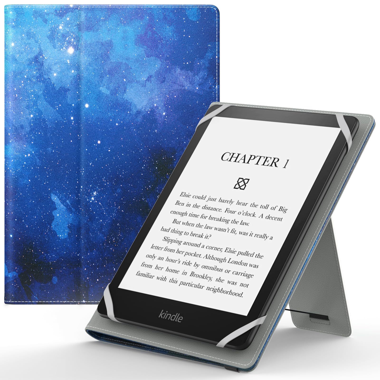 MoKo Universal Case for 6",7" Kindle eReaders Fire Tablet, PU Leather Folio Shell Cover Case, with Hand Strap/Kickstand, Blue Starry Sky — image 1