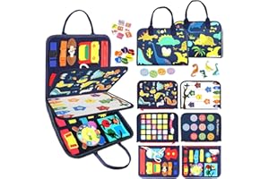 VARANO Montessori Busy Board Book Toy for 1 2 3 Year Old, Educational Sensory Toys for Toddlers 1-3, Car & Airplane Activities for Travel and Learning – Gifts for Boys and Girls (Blue/Dino)